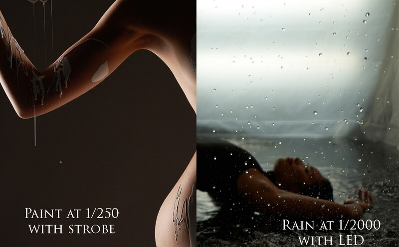 Side-by-side comparison of paint splatter and rain photography techniques with exposure settings labeled.