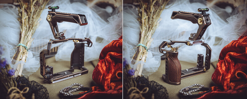Side-by-side comparison of a camera cage rig with articulating arms in different positions.