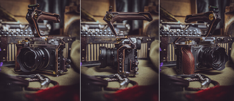 Fujifilm medium format camera with wooden grip and cinema rig mounted on top, shown from three angles.