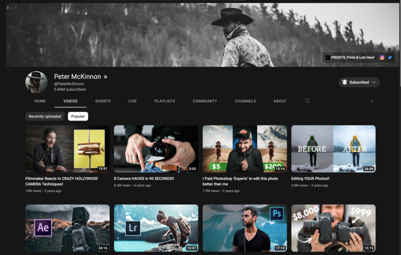 Screenshot of a YouTube creator's channel page showing video thumbnails and subscriber count.