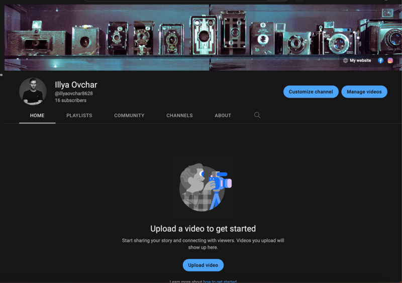 Screenshot of a YouTube channel page with a collection of vintage cameras displayed in the header banner.