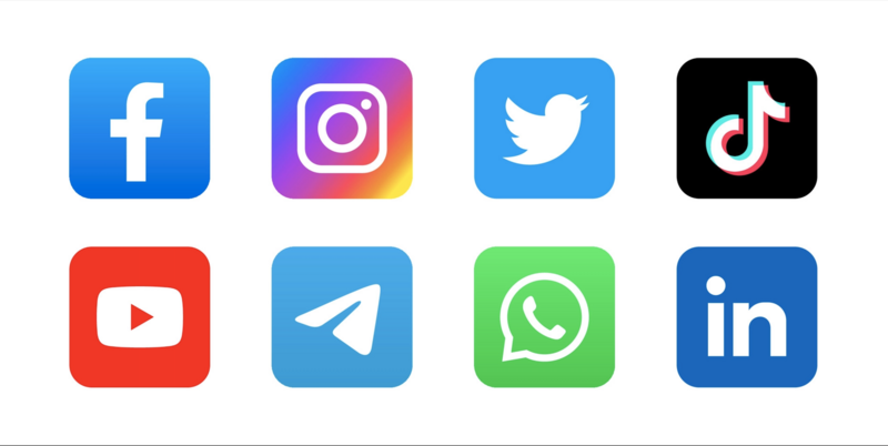 Grid of eight social media platform logos including Facebook, Instagram, Twitter, TikTok, YouTube, Telegram, WhatsApp, and LinkedIn.