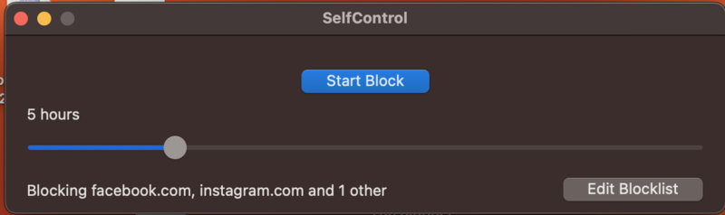 Screenshot of SelfControl app with 5-hour blocking duration slider and list of blocked websites.