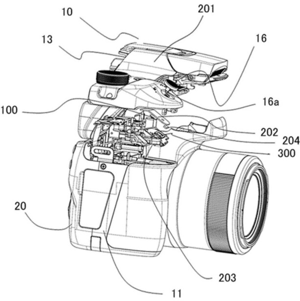 Technical diagram showing internal components and assembly of a digital camera with numbered labels.