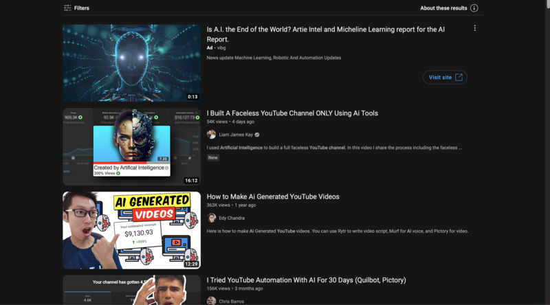 Screenshot of a search results page displaying AI-related video content and articles.