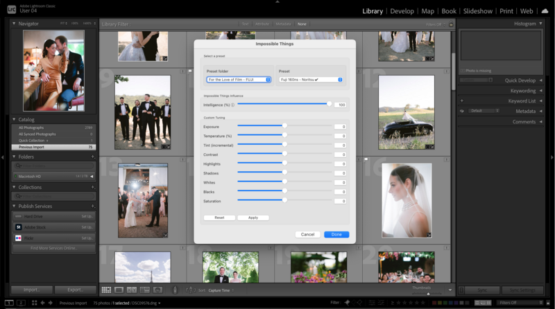 Screenshot of Lightroom's Develop module showing the Tone Curve panel with adjustment sliders for wedding photography.