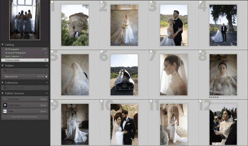 Screenshot of photo management software displaying a grid of wedding photography.