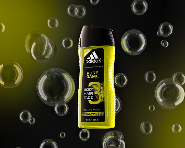 Adidas Pure Game Shower Gel bottle with bubbles around