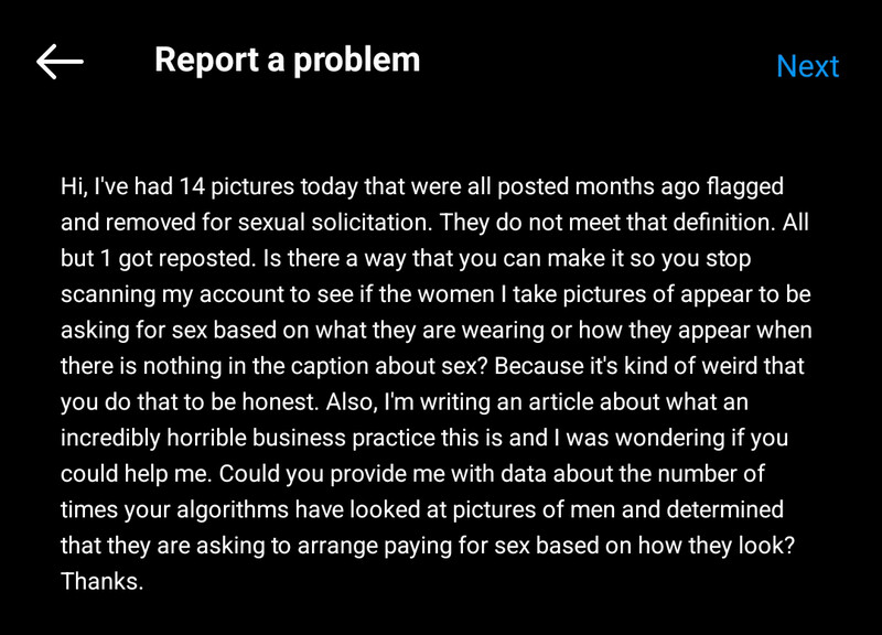Screenshot of a problem report form with black background and white text.