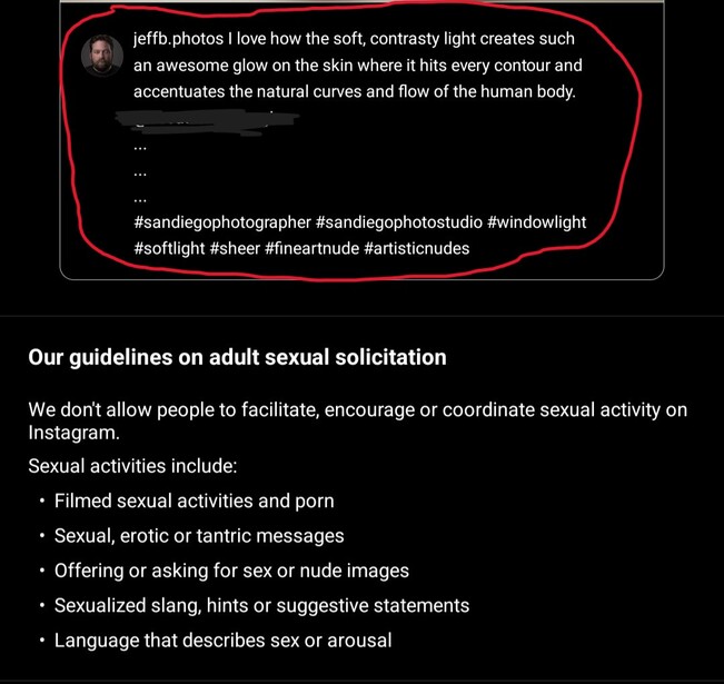 Screenshot of Instagram community guidelines text on sexual solicitation policies.