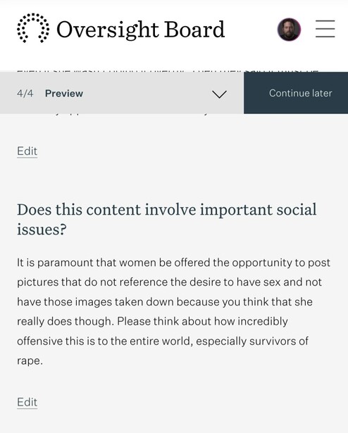 Screenshot of Oversight Board content moderation review interface with text discussing social issues and image policies.