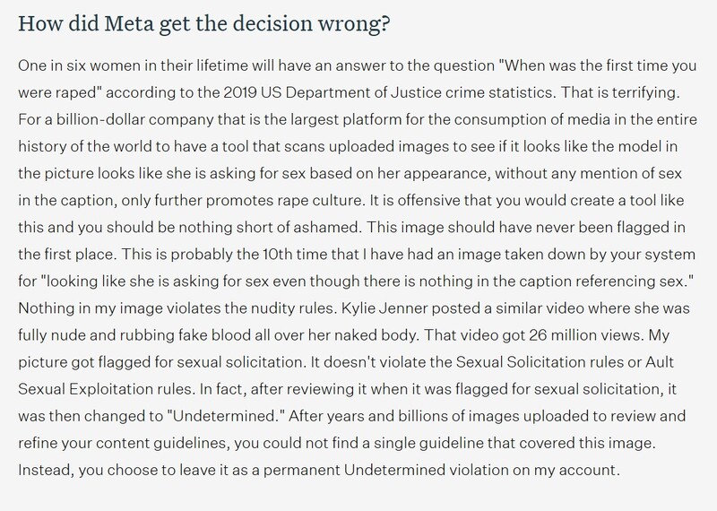 Screenshot of article text discussing Meta's content moderation decisions regarding images and sexual exploitation policies.