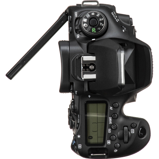 Professional cinema camera body shown from top and rear angles, displaying built-in microphone and control interface.