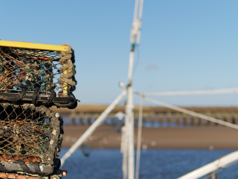Weathered fishing trap in sharp focus with wind turbine blurred in background across water.