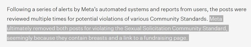Screenshot of text describing Meta's removal of social media posts for violating Sexual Solicitation Community Standards.