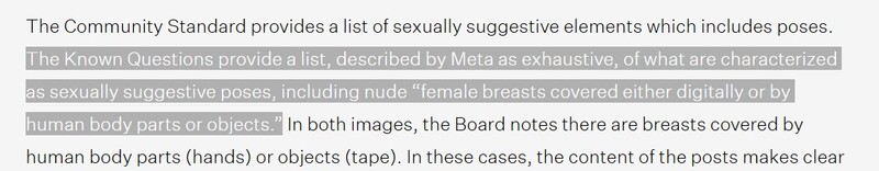 Screenshot of text discussing Meta's Community Standard and Known Questions regarding sexually suggestive poses.