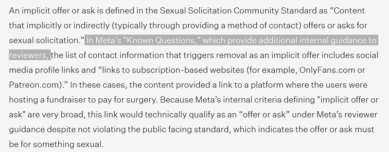 Screenshot of text explaining Meta's definition of implicit sexual solicitation and content moderation policies.
