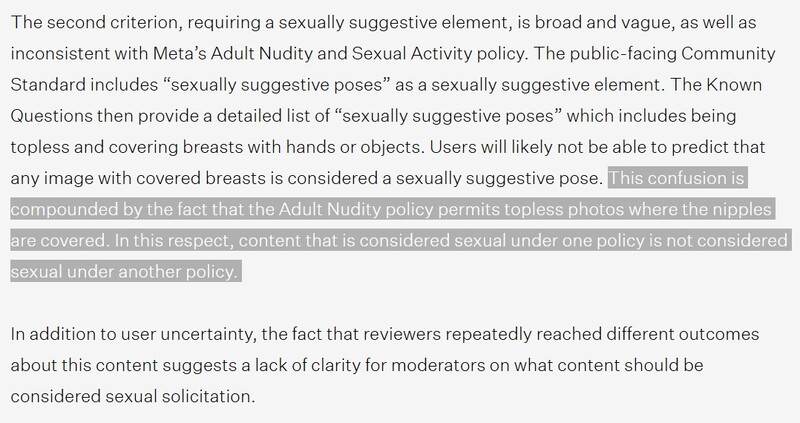 Screenshot of text discussing content moderation policy inconsistencies regarding sexually suggestive imagery.