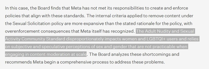 Screenshot of text from Meta's Oversight Board decision regarding content moderation policies.