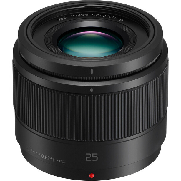 Panasonic Lumix 25mm f/1.7 prime lens with teal-tinted front element, shown against neutral background.