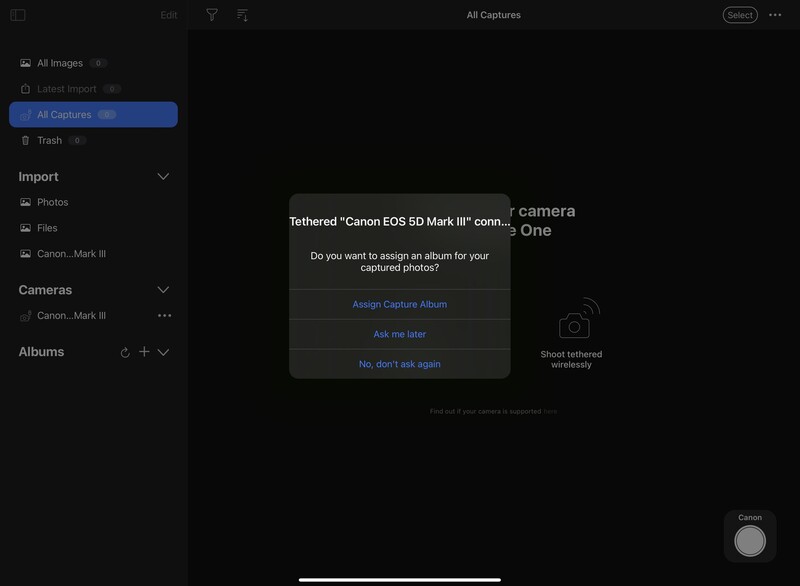 Screenshot of a camera app dialog asking to assign an album for captured photos, with options to assign capture album, skip, or not ask again.