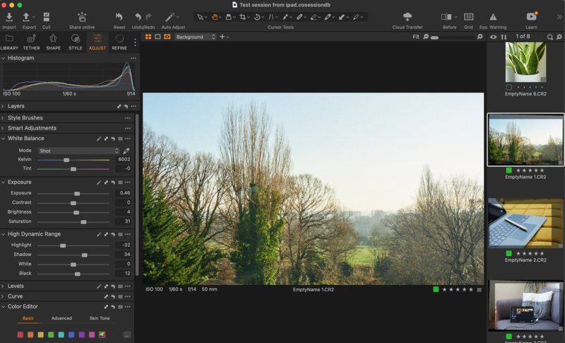 Screenshot of photo editing software showing landscape image with bare trees and green fields during editing workflow.