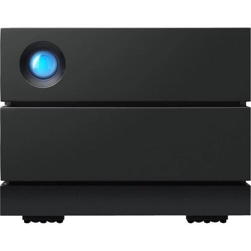 Front view of a compact black projector with illuminated blue lens.