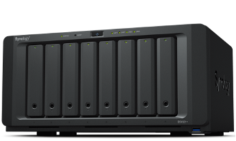 Synology 8-bay NAS unit with black metal chassis and drive bays.