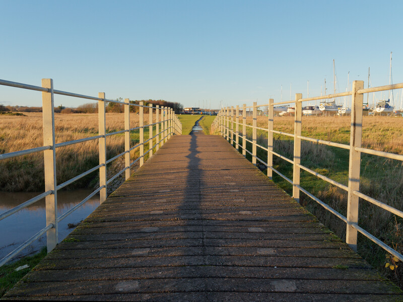Wooden boardwalk with metal railings stretching into a flat wetland landscape under clear sky.