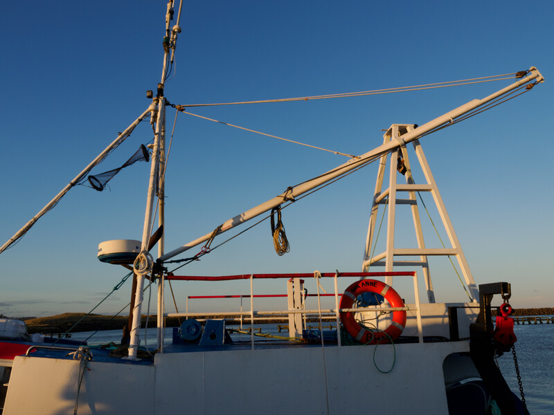 Fishing vessel's deck with wooden boom, mast, and life ring against clear blue sky and water.