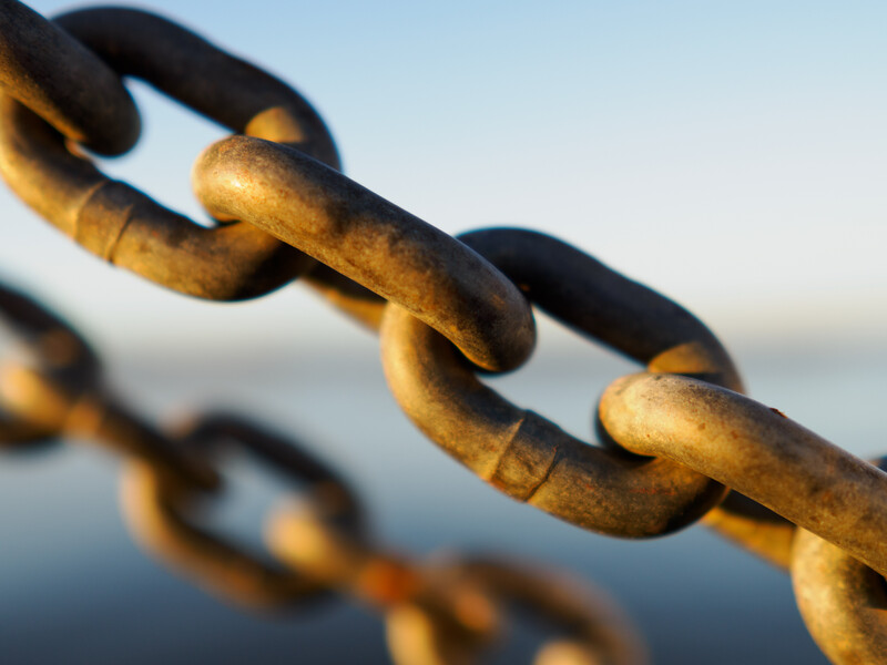 Golden chain links in sharp focus with blurred water and sky background.
