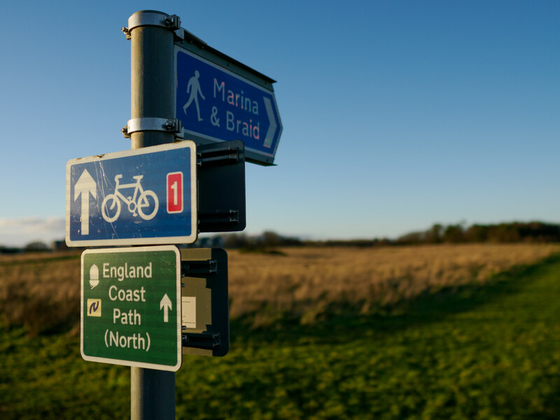 Directional signpost with multiple route markers against a flat agricultural landscape under clear blue sky.
