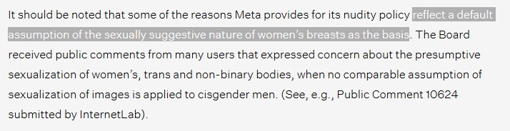 Screenshot of text discussing Meta's nudity policy and gender bias in content moderation.