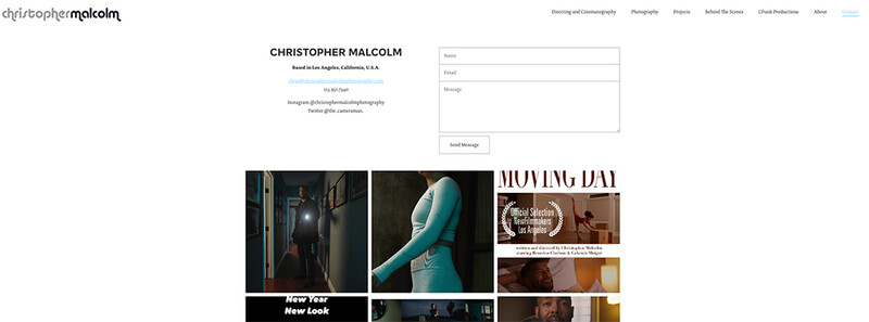 Portfolio website screenshot showing contact form and grid layout of cinematic lifestyle photographs.