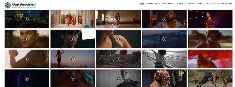 Portfolio grid showcasing diverse video and film production work with multiple scenes featuring people, landscapes, and cinematic moments.