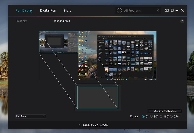 Screenshot of a pen display software interface showing working area with multiple windows and monitor calibration settings.