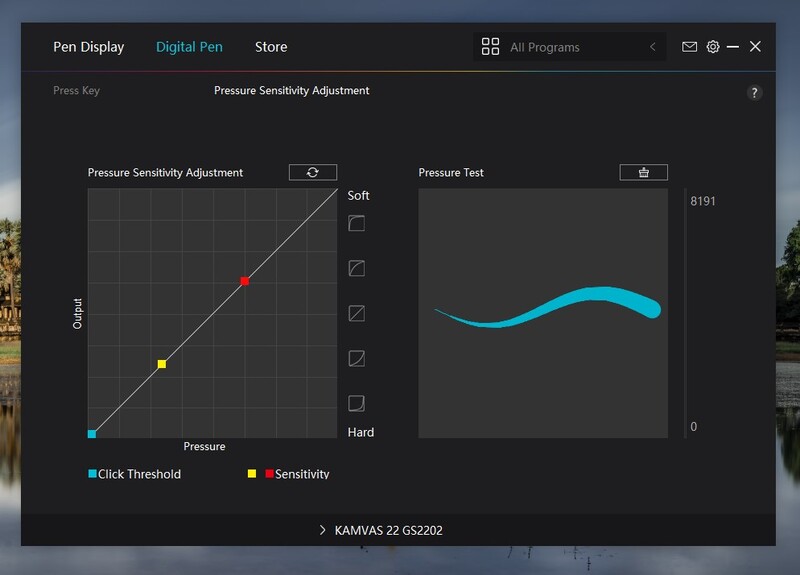 Screenshot of digital pen pressure sensitivity adjustment interface showing curve graph and test output.
