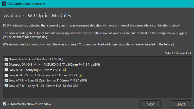 Screenshot of DxO Optics Module Installer showing available lens correction modules for various camera and lens combinations.