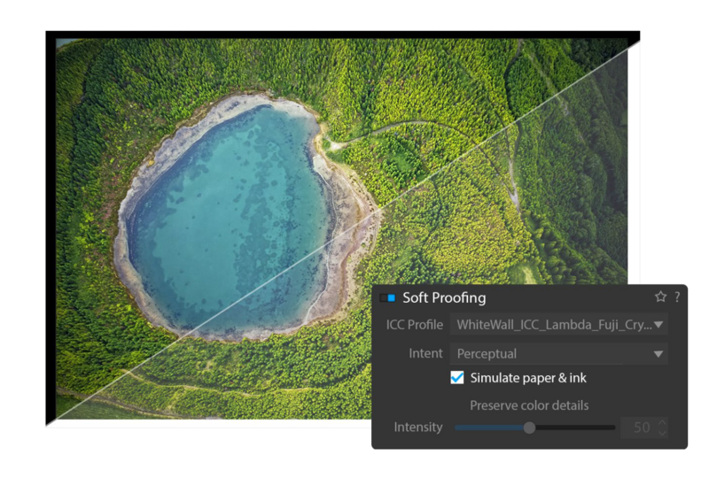 Screenshot of photo editing software showing soft proofing settings applied to an aerial image of a turquoise alpine lake surrounded by forest.