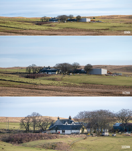 Three landscape photographs of rural farmsteads with fields and trees at different times of year.