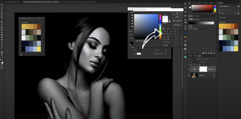 Screenshot of photo editing software showing black and white portrait editing with color palette and adjustment panels.