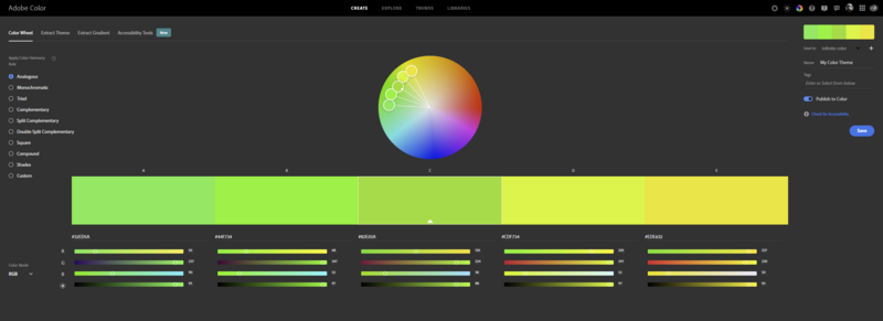 Screenshot of Adobe Color interface showing a color wheel and five color harmony schemes displayed as horizontal bars.
