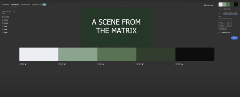 Screenshot of color grading interface showing palette samples for a Matrix film scene.