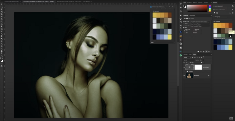 Portrait of a woman with dramatic side lighting against a dark background, with Photoshop color palettes visible on the right.
