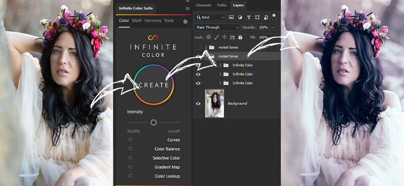 Screenshot of Infinite Color Suite editing software showing before and after portraits with color grading adjustments.