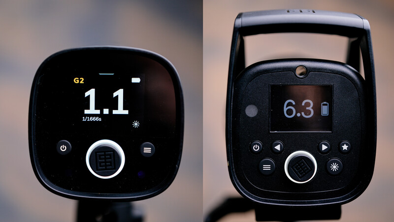 Side-by-side comparison of two wireless flash controller displays showing different screen layouts and button configurations.