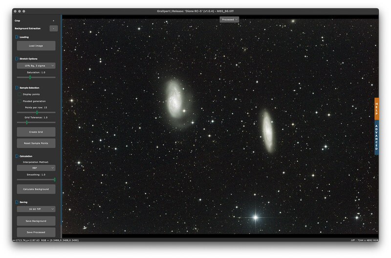 Screenshot of astronomy image processing software displaying two spiral galaxies against starfield.