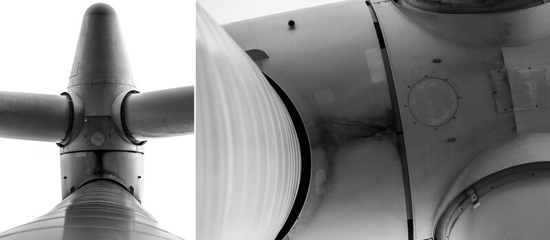 Black and white close-up details of an aircraft fuselage and engine components.