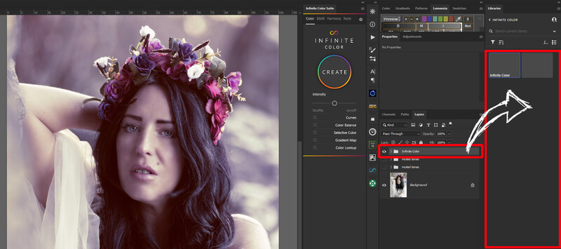 Screenshot of Infinite Color professional color grading software interface with portrait editing tools visible.