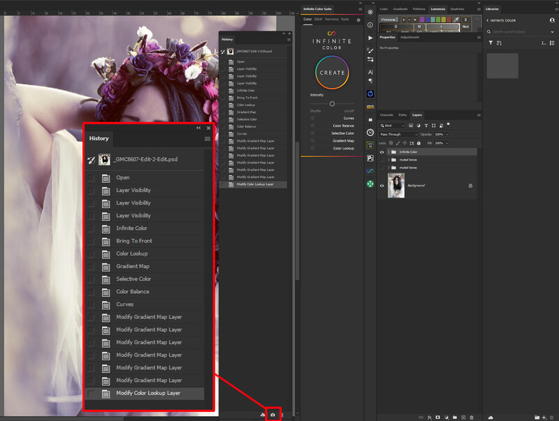 Screenshot of Adobe Lightroom Classic with layers panel open showing adjustment layers for a portrait of a woman wearing a floral crown.